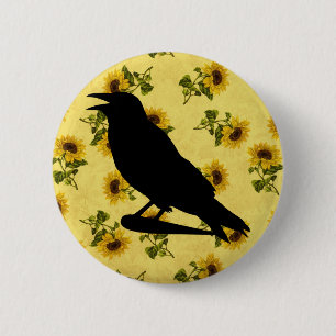 Badge Rond 5 Cm Crow on Sunflowers