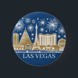 Badge Rond 5 Cm Custom Las Vegas Strip Skyline Minimalist Golden<br><div class="desc">This design shows the Las Vegas Strip skyline with brilliant fireworks above the cityscape, featuring famous iconic landmarks including the Luxor Pyramid, Paris Las Vegas Eiffel Tower, and Mandalay Bay. Illustrated in a clean bold minimalist line art style with a mid‑century modern illustration and retro vintage style influence, it uses...</div>