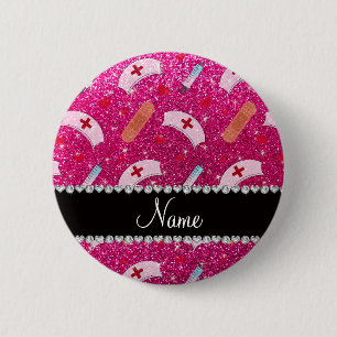Badge Rond 5 Cm Custom name neon hot pink glitter nurse hats heart
