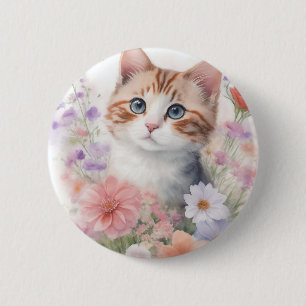 Badge Rond 5 Cm Cute Aquarelle Kitten avec Floral