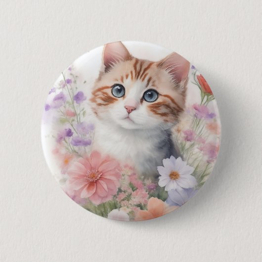 Badge Rond 5 Cm Cute Aquarelle Kitten avec Floral (Devant)