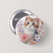 Badge Rond 5 Cm Cute Aquarelle Kitten avec Floral (Devant & derrière)