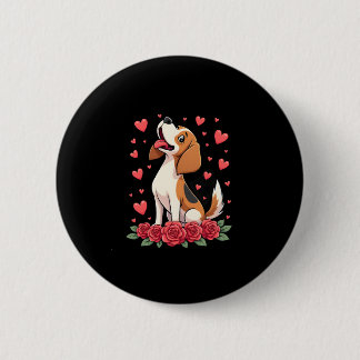 Badge Rond 5 Cm Cute Beagle with Red Roses Hearts Floral Valentine