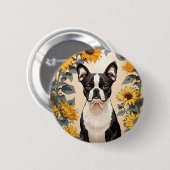 Badge Rond 5 Cm Cute Boston Terrier Yellow Sunflowers (Devant & derrière)