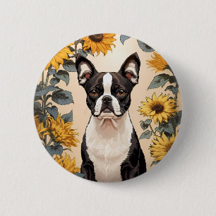 Badge Rond 5 Cm Cute Boston Terrier Yellow Sunflowers