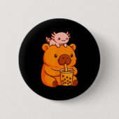 Badge Rond 5 Cm Cute Capybara Drinking Bubble Tea And Axolotl Kawa (Devant)