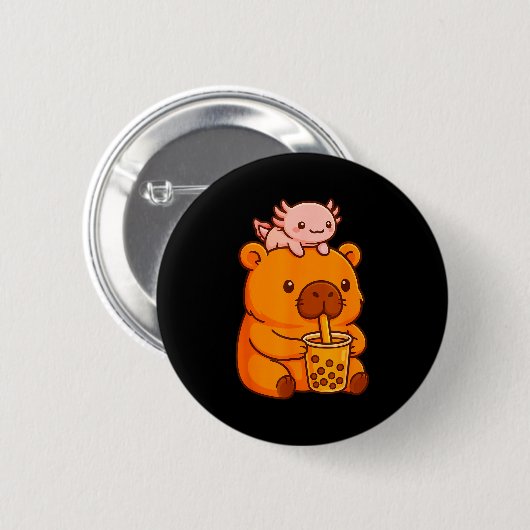 Badge Rond 5 Cm Cute Capybara Drinking Bubble Tea And Axolotl Kawa (Devant & derrière)