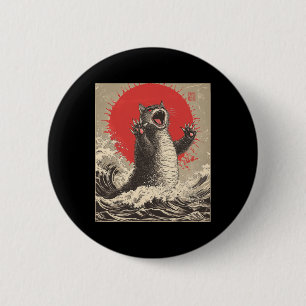 Badge Rond 5 Cm Cute Catzilla Chat Japonais Art Drôle Chat