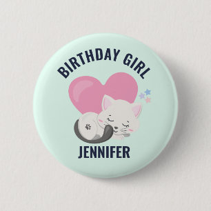 Badge Rond 5 Cm Cute Chat Kitty Blanc avec Coeur Rose Anniversaire