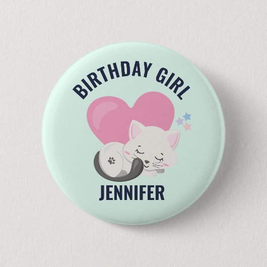 Badge Rond 5 Cm Cute Chat Kitty Blanc avec Coeur Rose Anniversaire (Devant)