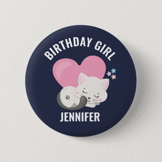 Badge Rond 5 Cm Cute Chat Kitty Blanc avec Coeur Rose Anniversaire (Devant)