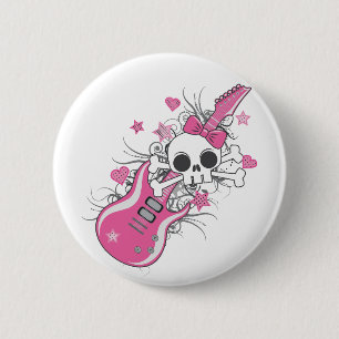 Badge Rond 5 Cm Cute crâne avec guitare rose