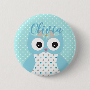 Badge Rond 5 Cm Cute Dotty Blue Owl Art Personnalisé Girls