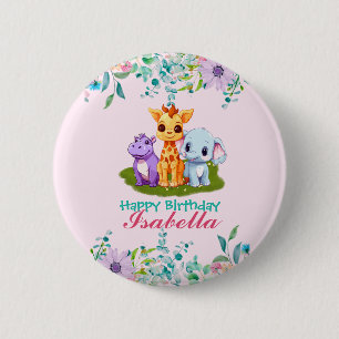 Badge Rond 5 Cm Cute Floral Hippo safari jungle Animaux Anniversai