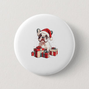 Badge Rond 5 Cm Cute Frenchie Santa Hat Funny Noël French Bul