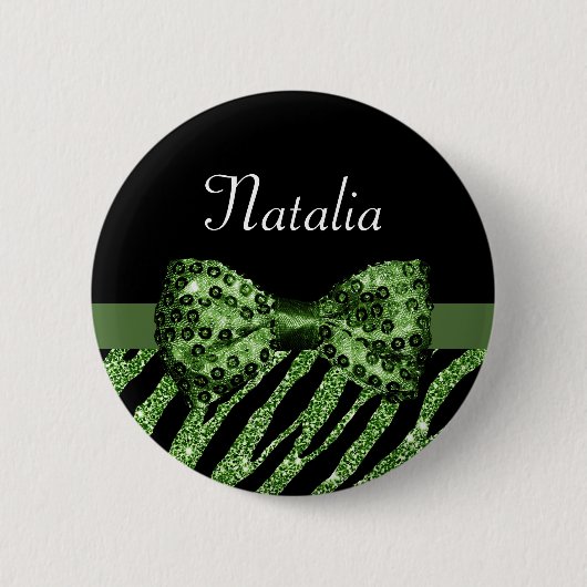 Badge Rond 5 Cm Cute Green Zebra Print FAUX Glitz Bow avec nom (Devant)
