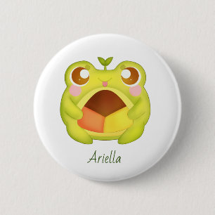 Badge Rond 5 Cm Cute Grenouille verte tenant le biscuit Polvoron m