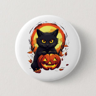 Badge Rond 5 Cm Cute Halloween Chat noir avec Citrouille