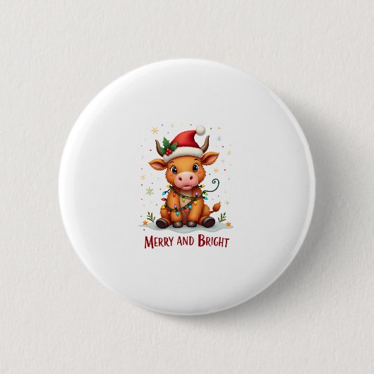 Badge Rond 5 Cm Cute Highland Baby Cow Christmas Lights Merry & Br (Devant)