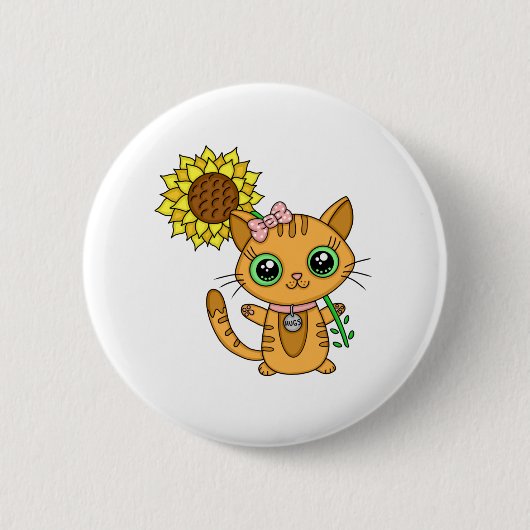 Badge Rond 5 Cm Cute Kawaii Chat Holding Fleur (Devant)