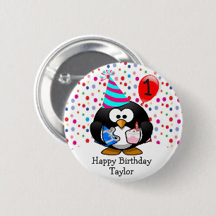 Badge Rond 5 Cm Cute Kid 1er Joyeux Pingouin d'anniversaire