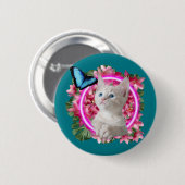 Badge Rond 5 Cm Cute Kitten avec papillon bleu sur néon tropical (Devant & derrière)
