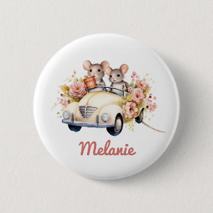 Badge Rond 5 Cm Cute Mice dans une voiture Anniversaire de enfant 