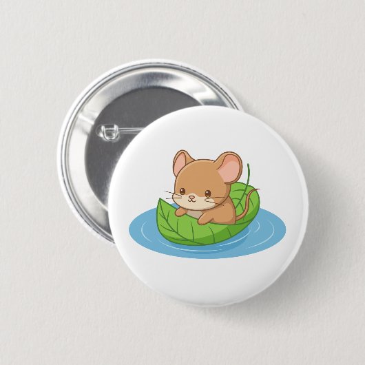 Badge Rond 5 Cm Cute Mouse in a Leaf Boat (Devant & derrière)