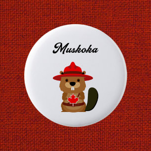 Badge Rond 5 Cm Cute muskoka Canada Castor avec Casquette rouge