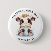 Badge Rond 5 Cm Cute Noir & Blanc Kawaii Bébé Vache Boire Lait (Devant)