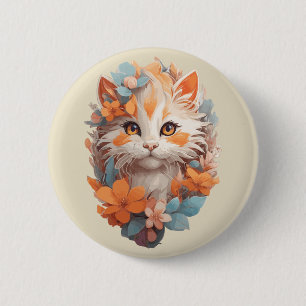 Badge Rond 5 Cm Cute Orange Floral Kitty Chat