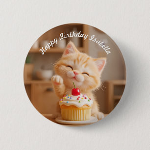Badge Rond 5 Cm Cute Orange Kitten avec un Cupcake