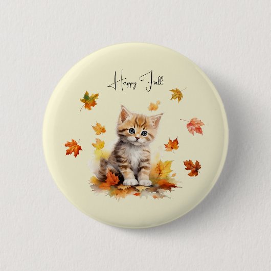 Badge Rond 5 Cm Cute Orange Tabby Kitten dans les feuilles d'autom (Devant)