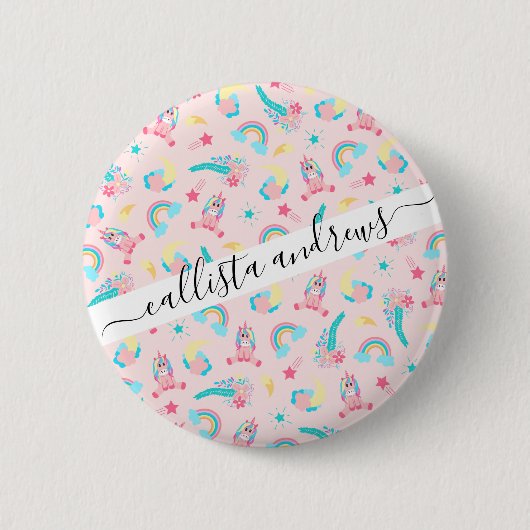 Badge Rond 5 Cm Cute Pink Teal Unicorn Rainbow (Devant)