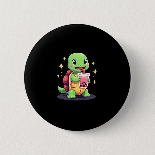 Badge Rond 5 Cm Cute turtle drinking boba. Funny Boba Turtles Love (Devant)