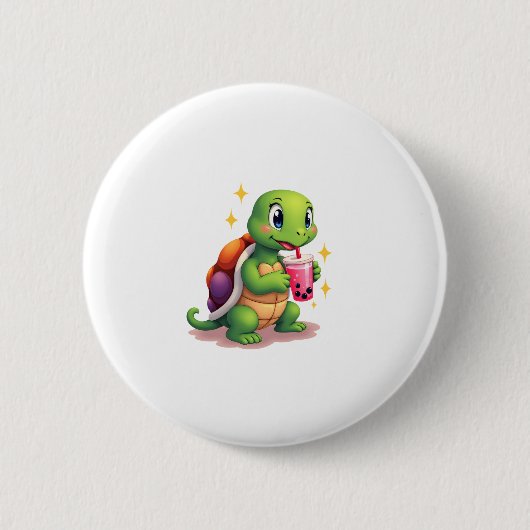 Badge Rond 5 Cm Cute turtle drinking boba. Funny Boba Turtles Love (Devant)