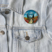 BADGE ROND 5 CM CYPRÈS ET POPIES EN TOSCANE (En situation)