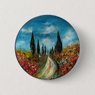 BADGE ROND 5 CM CYPRÈS ET POPIES EN TOSCANE