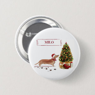 Badge Rond 5 Cm Dachshund Brun Drôle de Noël Chien avec Arbre