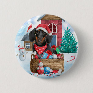 Badge Rond 5 Cm Dachshund Chien dans la neige Maison de Chien de N
