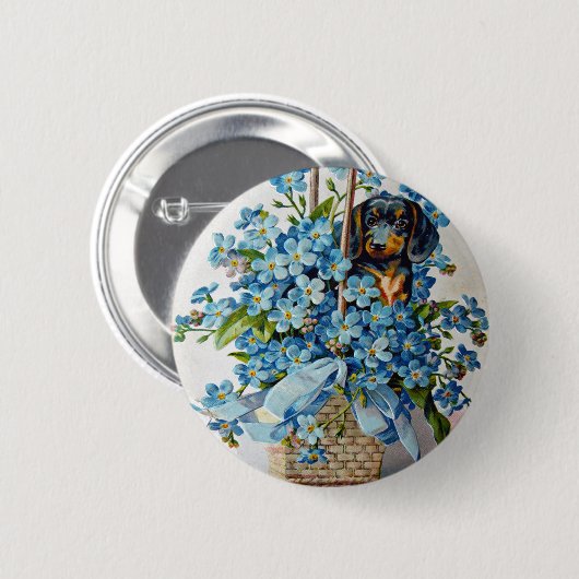 Badge Rond 5 Cm Dachshund et Forget-Me-Nots (Devant & derrière)