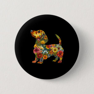 Badge Rond 5 Cm Dachshund Floral Chien Mignon Animal Amoureux Doxi