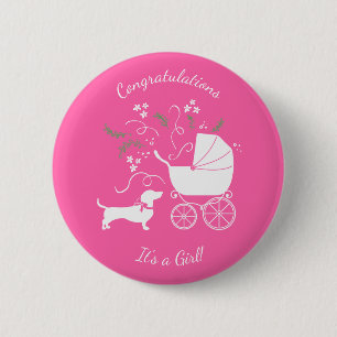 Badge Rond 5 Cm Dachshund Wiener Chien Baby shower fille rose