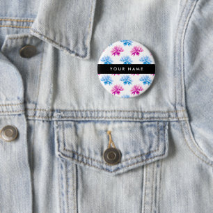 Badge Rond 5 Cm Dahlia rose et bleu, motif floral, votre nom