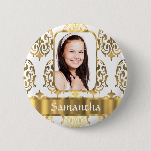 Badge Rond 5 Cm Damas blanc et or (Devant)