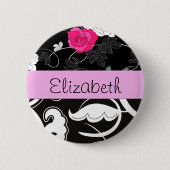 Badge Rond 5 Cm Damas, Fleurs, Noir et Blanc, Votre nom (Devant)