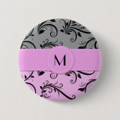 Badge Rond 5 Cm Damas gris, Damas rose, Monogramme (Devant)