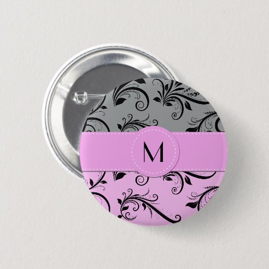 Badge Rond 5 Cm Damas gris, Damas rose, Monogramme (Devant & derrière)