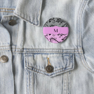 Badge Rond 5 Cm Damas gris, Damas rose, Monogramme