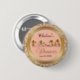 Badge Rond 5 Cm Damassé de pêche et d'or avec le baby shower du